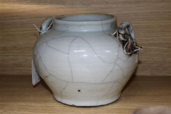 Three Chinese porcelain jars, Qing Dynasty - one crackleglaze, a blue and white and a famille rose example tallest 14cm